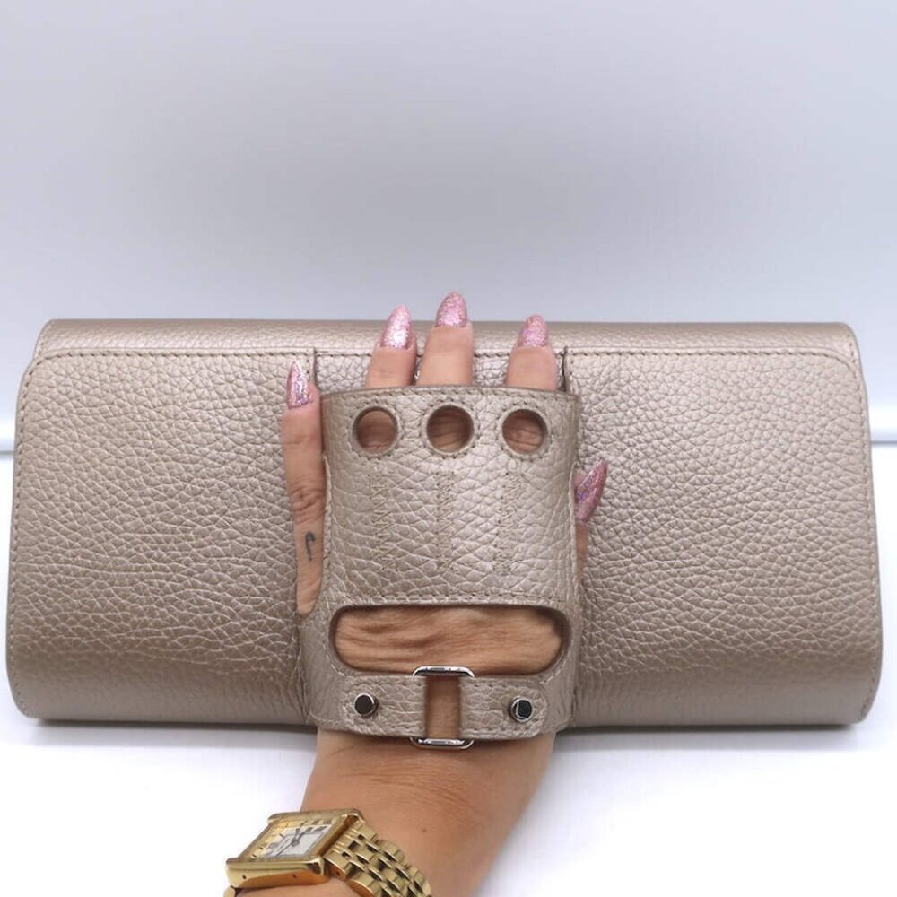 Perrin Le Cabriolet Glove Clutch light gold beige  Metallic Grained Leather NEW